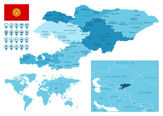 Obraz premium Kyrgyzstan detailed administrative blue map with country flag and location on the world map. Vector illustration