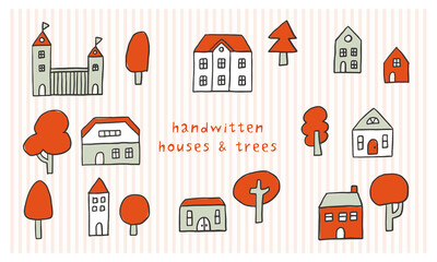 小さな可愛い家と木がある手書き風の街並み（レッド）