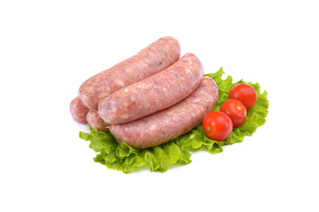 Raw pork sausages.Grilled sausages in close-up, isolated on a white background.Selective focus.