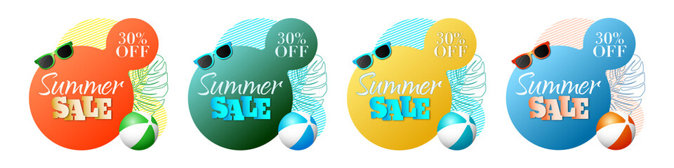 Set of Summer sale banner template. Liquid abstract geometric bubble with tropic leaves, sunglasses and beach ball