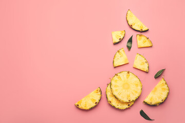 Slices of fresh pineapple on color background