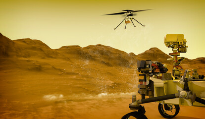 The Ingenuity drone-helicopter has separated from the Perseverance rover on Mars and prepares for its first flight. 3d render. Element of this image are furnished by NASA - obrazy, fototapety, plakaty
