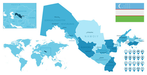 Uzbekistan detailed administrative blue map with country flag and location on the world map. Vector illustration