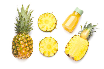 Bottle of fresh pineapple juice on white background