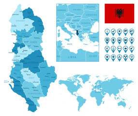 Albania detailed administrative blue map with country flag and location on the world map. Vector illustration