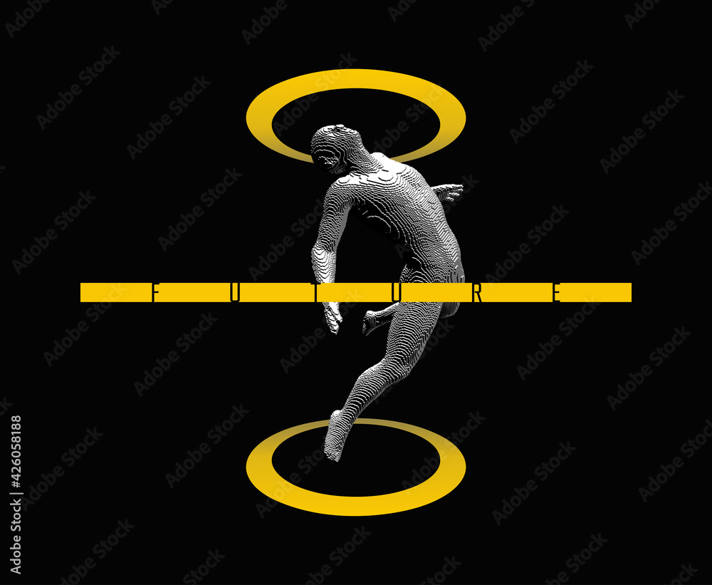 Wall mural man floating in the air. take me higher. meditating concept. voxel art. 3d vector illustration.