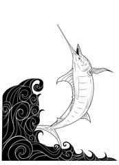 swordfish jumps out of the water. black and white illustration