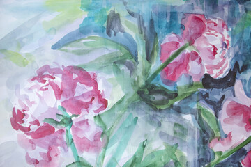 Idyllic watercolor painting. Mist and ripple texture. Blossoming peonies color of season 2022 daybreak thickness background. Texture with wet splashes and drips.
