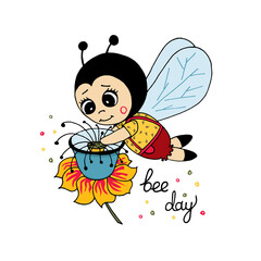 
Cute cartoon bee with flower, bee day. Vector illustration. Use this clipart to create baby shower invites, nursery art, birthday decor, greeting cards, children's clothing. 
