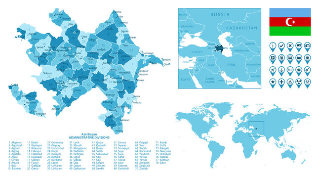 Azerbaijan detailed administrative blue map with country flag and location on the world map. Vector illustration