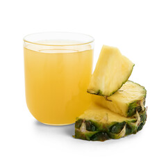 Glass of fresh pineapple juice on white background