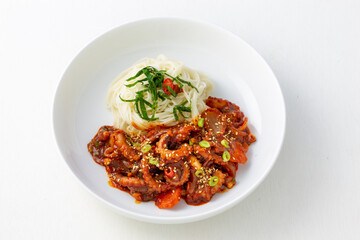 Spicy Squid Stir Fry which is called Ojingeo Bokkeum with thin white noodle