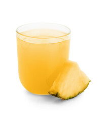 Glass of fresh pineapple juice on white background