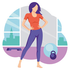 Fitness girl doing sports in the gym. Flat design. Vector illustration on white background