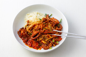 Spicy Squid Stir Fry which is called Ojingeo Bokkeum with thin white noodle