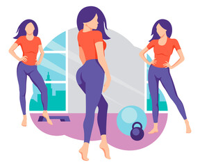 Fototapeta na wymiar Fitness girl doing sports in the gym. Flat design. Vector illustration