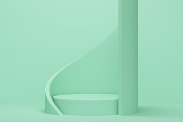 Mint colored room with podium and abstract figure. Backdrop design for product promotion. 3d rendering