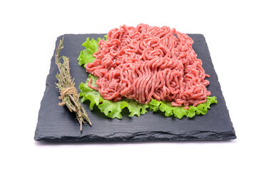 Fresh minced pork and beef and spices on a slate stone.Isolated on a white background, selective...