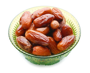 Bowl with sweet dried dates on white background