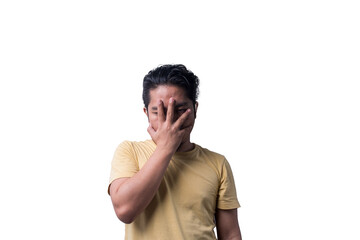 Face reaction, Asian young man portrait of face expression, shocked, thrilled, scared, surprised, with covered face with hand. Isolated, selective focus, copy space