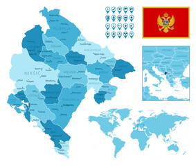 Montenegro detailed administrative blue map with country flag and location on the world map. Vector illustration