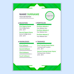 Green color curriculum vitae or resume template. Simple resume or CV design.