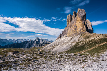 Fototapeta premium Panoramic view of the Sexten Dolomites in Italy..View of the Three Peaks.