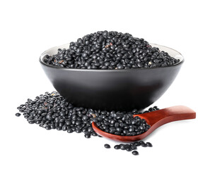 Fototapeta na wymiar Bowl and spoon with black lentils on white background