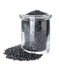 Fototapeta na wymiar Jar with black lentils on white background