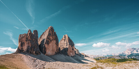 Panoramic view of the Sexten Dolomites in Italy..View of the Three Peaks. © Bernhard