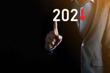 Plan business negative growth in year 2021 concept. Businessman plan and increase of negative indicators in his business, decline down business concepts.