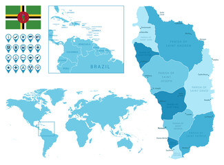 Obraz premium Dominica detailed administrative blue map with country flag and location on the world map. Vector illustration