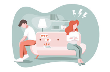 Divorce, breakup, ignore concept. Married couple argument, man and woman in a quarrel and misunderstanding, ignore each other in apartment. Suspicion of treason. vector illustration