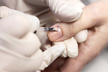 Manicure coating of nails on women's hands with gel polish in a beauty salon by a specialist. Close-up. Space for text