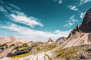 Panoramic view of the Sexten Dolomites in Italy.