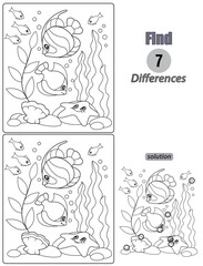 Black and White Cartoon Illustration of Finding Differences Between Pictures. Educational Game for Children with sea fish. Coloring Book Page.