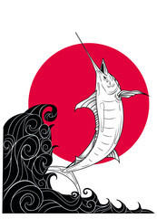 swordfish jumps out of the water against the backdrop of the red sun. black and white illustration