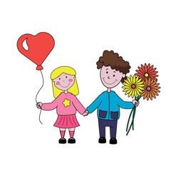 a girl with a balloon and a boy with flowers are holding hands