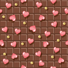 Chocolate bar seamless background, decorated with hearts and glitter polka dots. Festive romantic pattern for birthday, valentine design. Vector