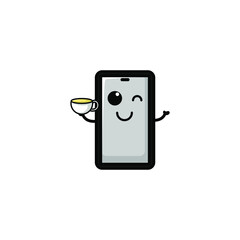 Cute Mobile Phone Cartoon Character Vector Illustration Design. Outline, Cute, Funny Style. Recomended For Children Book, Cover Book, And Other.