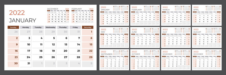 Calendar for 2022. Week starts on Sunday. Set of 12 month pages. Vector design template.