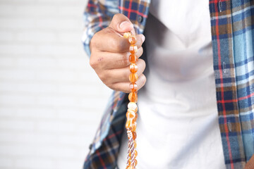 muslim man praying during ramadan, Close up 