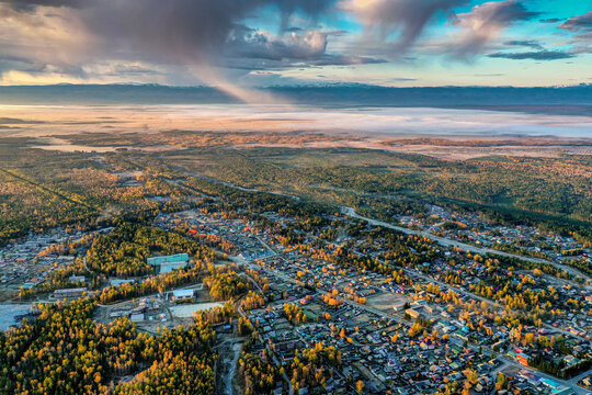 Eastern Sayans in autumn. Arshan settlement in the Tunka valley. Aerial view.
