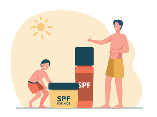 Cartoon tiny adult and kid characters with giant sunscreen. Flat vector illustration. Tanned father and son demonstrating sun blocking cream with spf under boiling sun. Summer, skin protection concept
