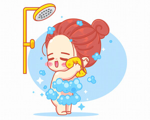 Cute girl taking shower in bathroom cartoon art illustration