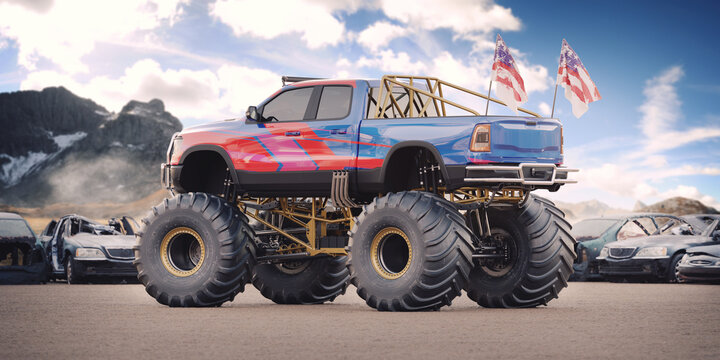 3D rendering of a brand-less generic monster truck doing stunts	
