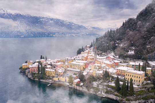 Traditional houses of Varenna old town after a snowfall, Lake Como, Lecco province, Lombardy, Italian Lakes, Italy