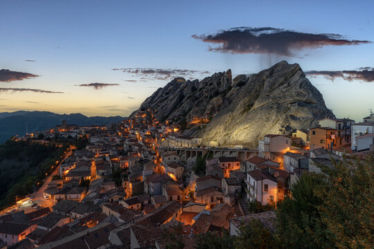 Old town of Pietrapertosa at dusk, Dolomiti Lucane, Potenza province, Basilicata, Italy