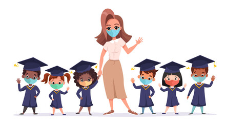 Happy graduate children wearing medical masks, academic gown and cap. Multicultural kids with teacher celebrating Kindergarten graduation together. Flat cartoon vector illustration.