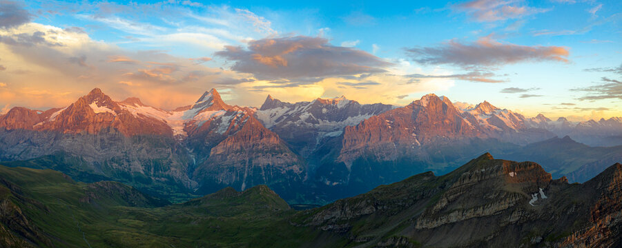 Aerial view of Wetterhorn, Schreckhorn, Finsteraarhorn, Eiger, Monch, Jungfrau mountains at sunset, Bernese Oberland, Switzerland